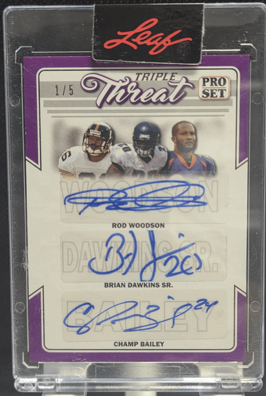 2022 Leaf Pro Set Sports Triple Threat Autographs #TT-15 Bailey, Dawkins Sr., and Woodson Purple #'d /5