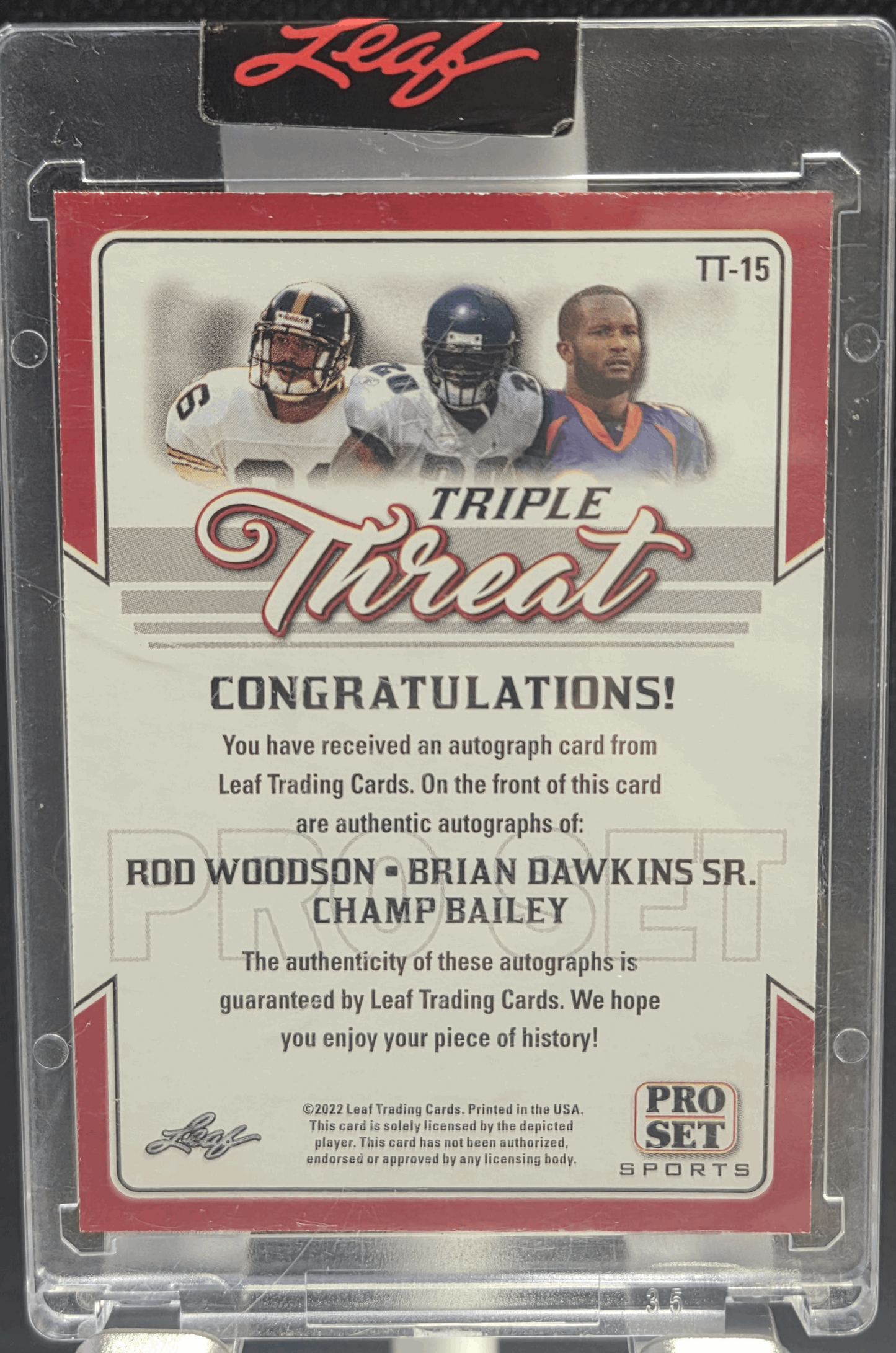2022 Leaf Pro Set Sports Triple Threat Autographs #TT-15 Bailey, Dawkins Sr., and Woodson Purple #'d /5