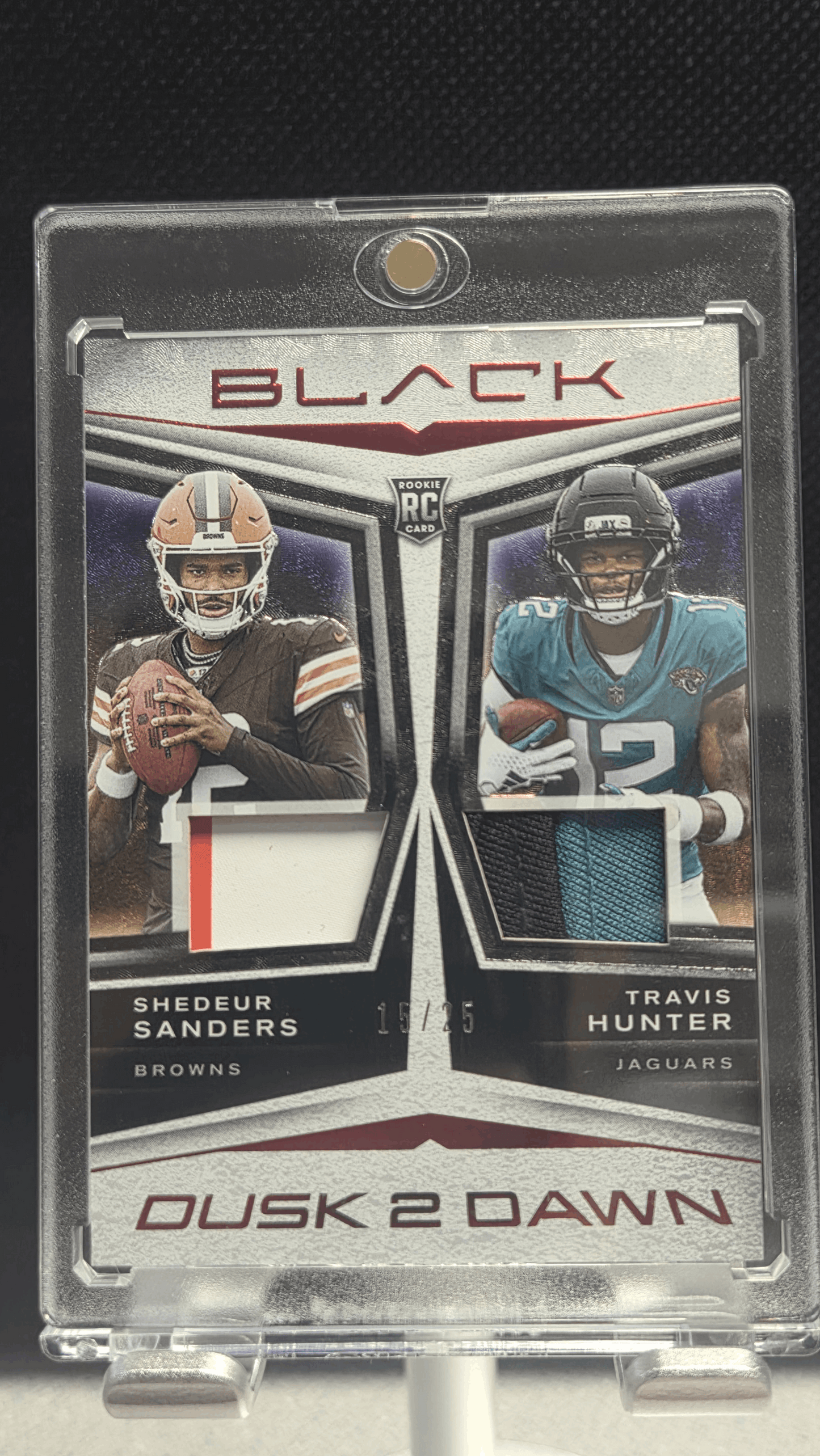 2025 Panini Black NFL Dusk 2 Dawn - Travis Hunter/Shedeur Sanders #D2D-SSTH RED #'d/25